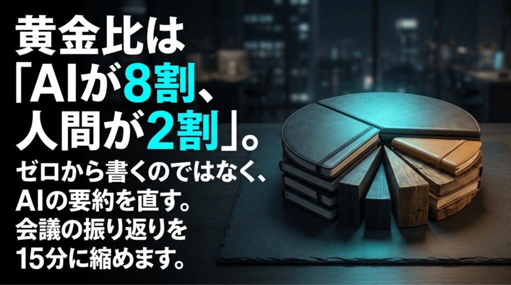AIが8割、人間が2割という黄金比で議事録作成を効率化し、会議の振り返り時間を短縮することを示したスライド。