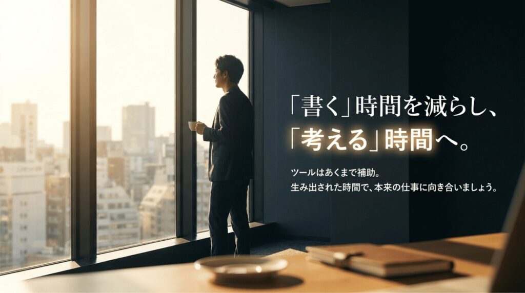 窓際に立つビジネスパーソンの横に、書く時間を減らし考える時間へというメッセージが表示されたまとめスライド。