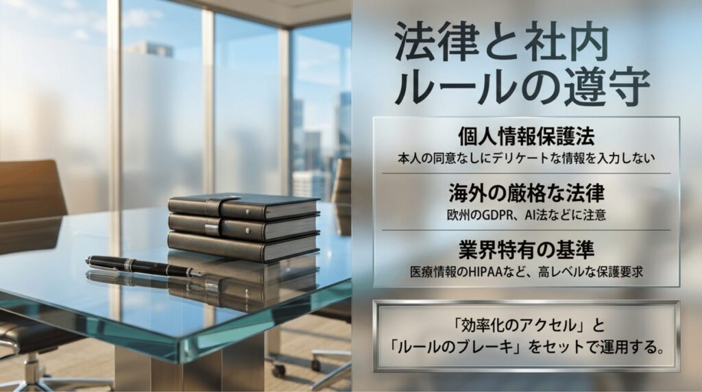 ChatGPTの企業利用において、個人情報保護法、GDPRなどの海外法規制、HIPAAなどの業界基準を守る必要性を示したスライド。