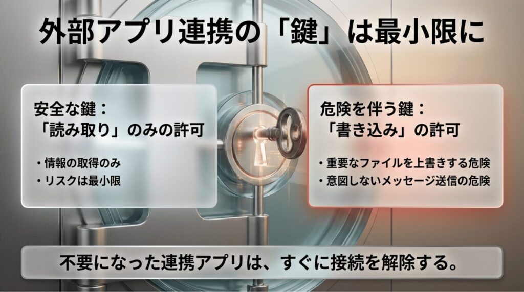 ChatGPTと外部アプリを連携する際、読み取り権限は安全性が高く、書き込み権限はファイル上書きや誤送信のリスクがあることを示したスライド。