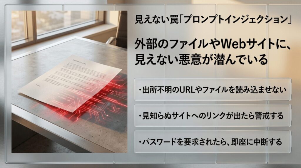 外部ファイルやWebサイトに隠された悪意ある指示によるプロンプトインジェクションの危険性と、信頼できないURLやファイルを読み込ませない対策を示したスライド。