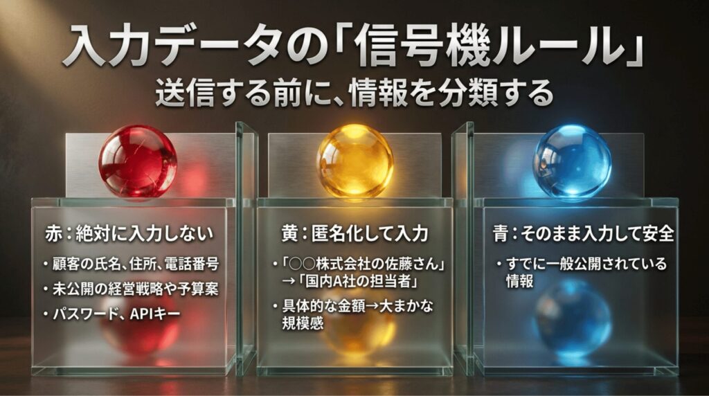 ChatGPTに入力する情報を赤・黄・青に分類し、入力禁止、匿名化入力、安全に入力できる情報の違いを示したスライド。