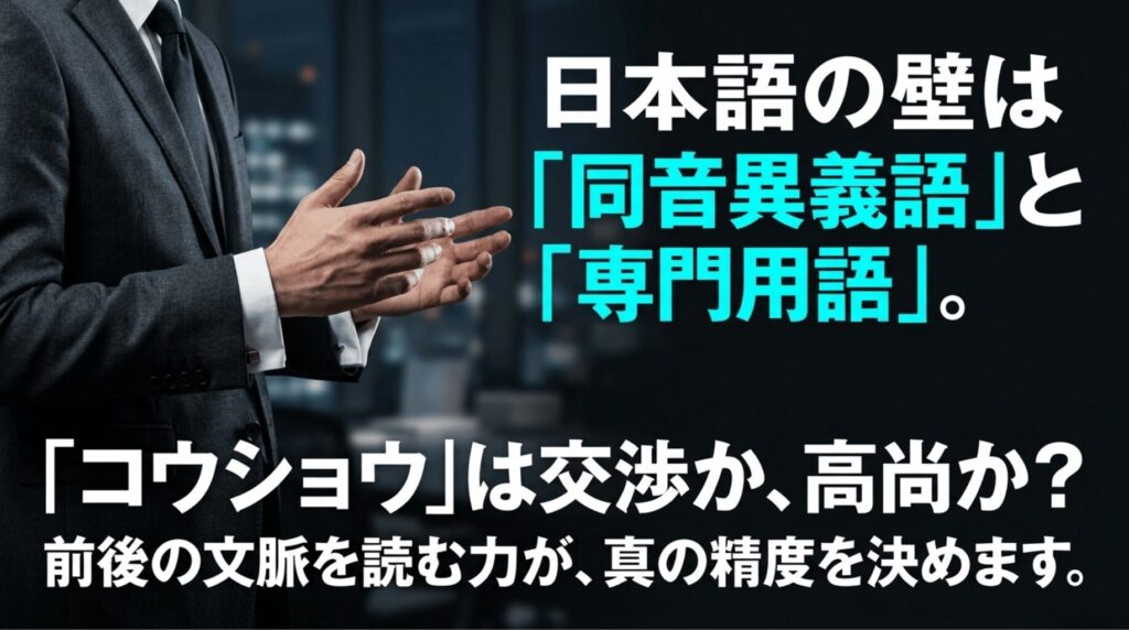 ビジネスパーソンの背景に、日本語の壁は同音異義語と専門用語であることを説明した文字起こし精度の解説スライド。