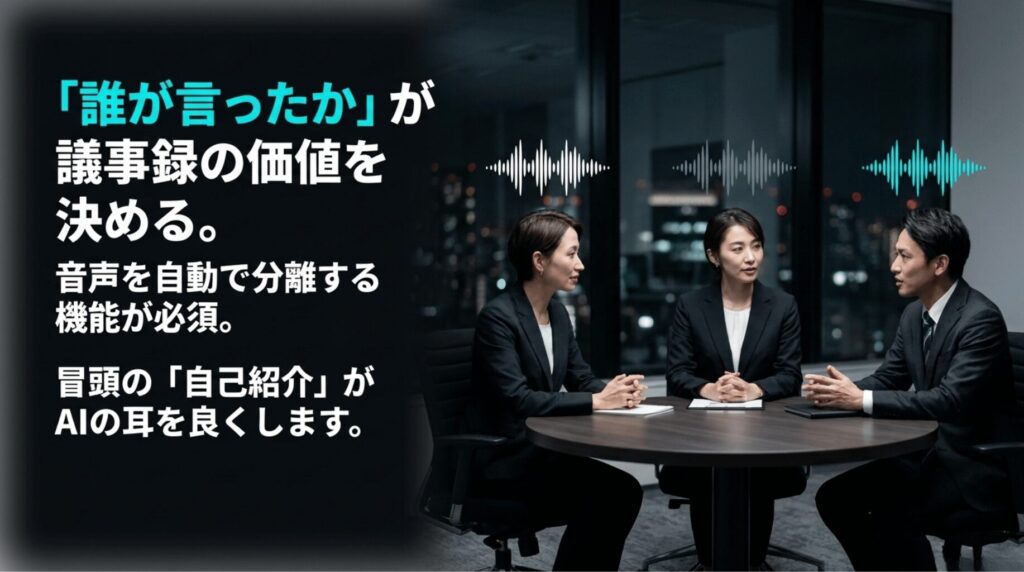3人の会議参加者と音声波形を背景に、誰が発言したかを自動で分離する重要性を説明したスライド。