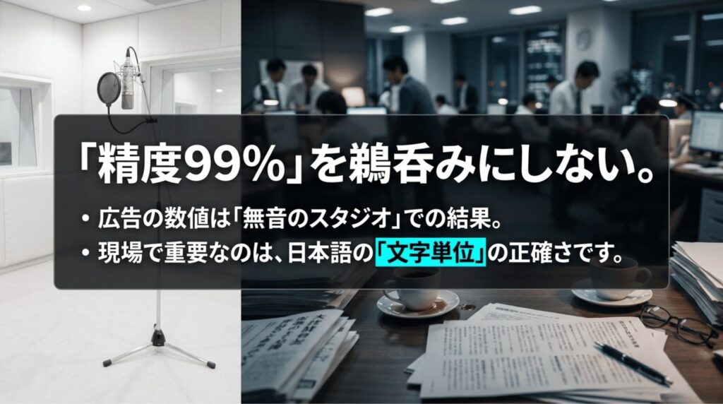 録音スタジオとオフィス環境を対比し、文字起こし精度99％という広告表現をそのまま信じない重要性を示したスライド。