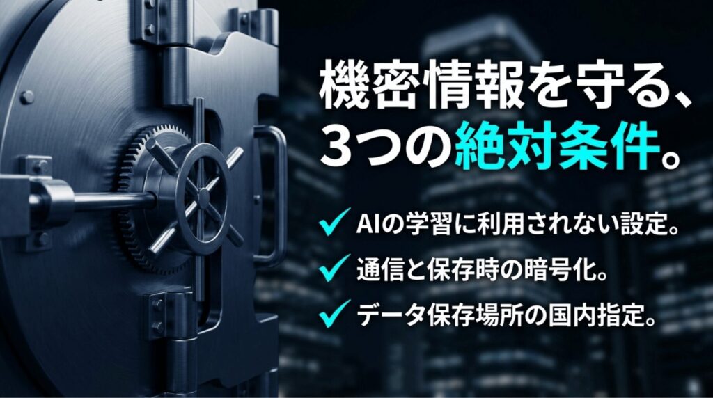 金庫とデータセンターを背景に、AIの学習に利用されない設定、通信と保存時の暗号化、データ保存場所の国内指定を示したスライド。