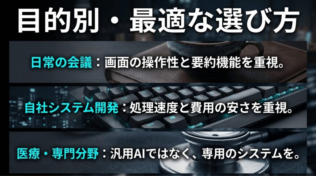 日常の会議、自社システム開発、医療や専門分野という目的別に、重視すべき文字起こしサービスの選び方を示したスライド。