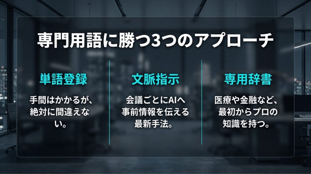 専門用語への対策として、単語登録、文脈指示、専用辞書の3つのアプローチを比較したスライド。