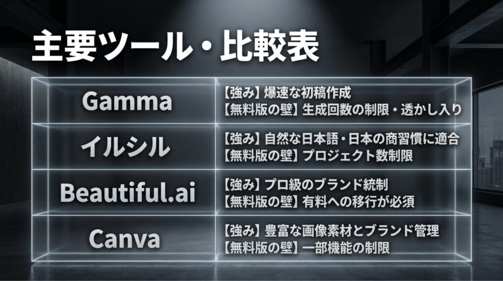 Gamma、イルシル、Beautiful.ai、Canvaの強みと無料版の制約を比較した一覧スライド