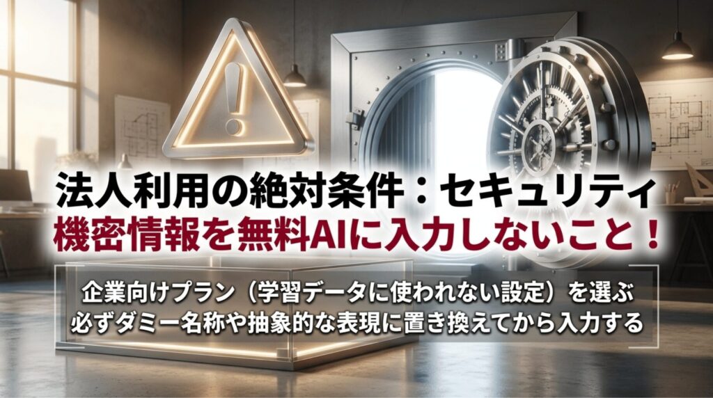機密情報を無料AIに入力しないこと、企業向けプランやダミー表現の利用を促す注意喚起スライド