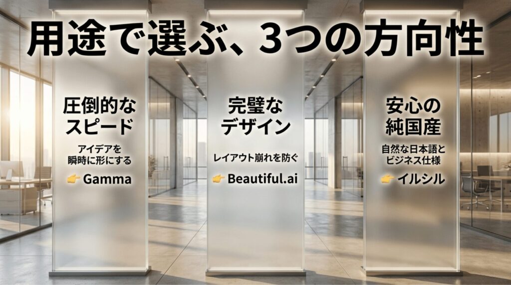 Gammaはスピード、Beautiful.aiは完璧なデザイン、イルシルは安心の純国産として用途別に整理したスライド