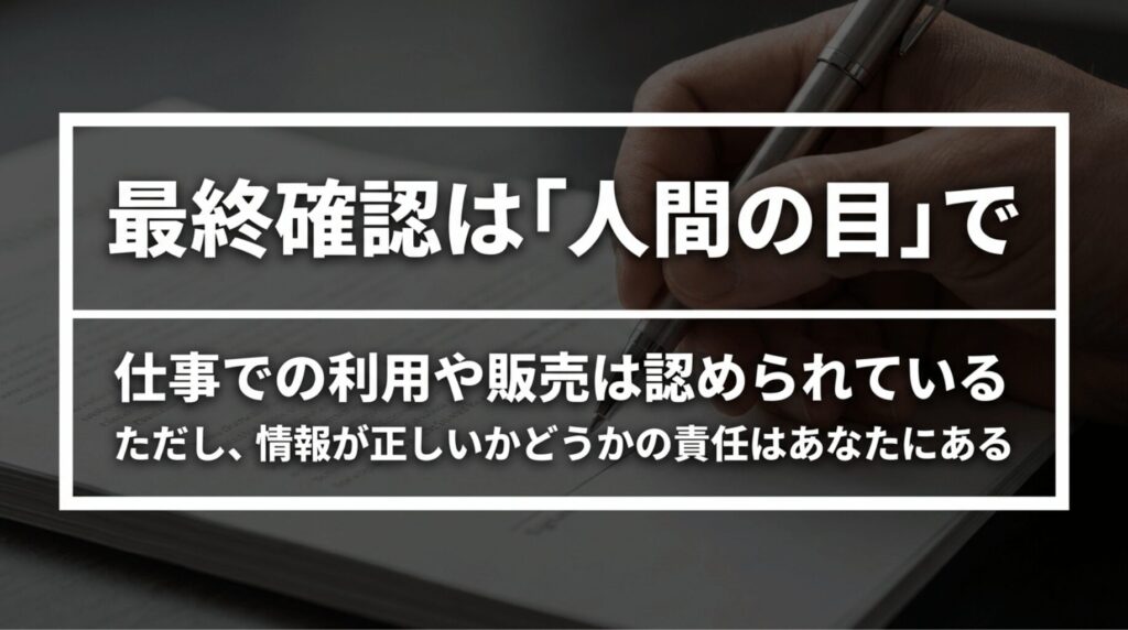 Gammaで作成した資料の仕事利用や販売は可能だが、情報の正確性は人間が確認する必要があることを示すスライド
