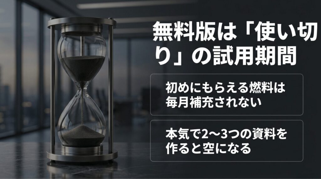 Gamma無料版の400クレジットは毎月補充されず、実質的に試用期間であることを示すスライ