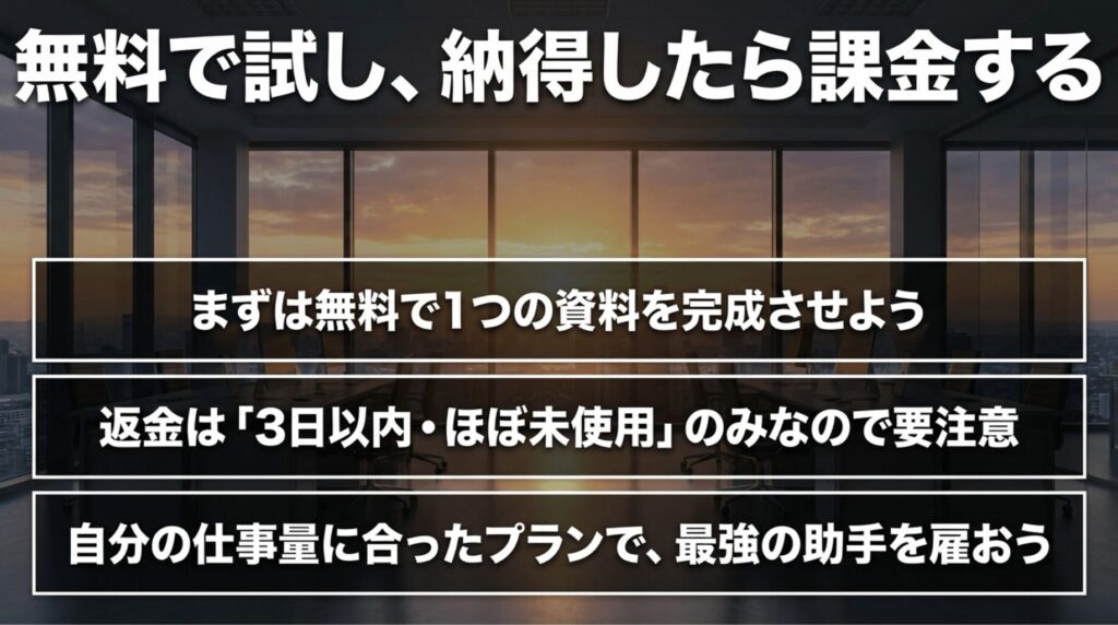 Gammaはまず無料で資料を完成させ、返金条件に注意しながら自分の仕事量に合ったプランを選ぶべきことをまとめたスライド