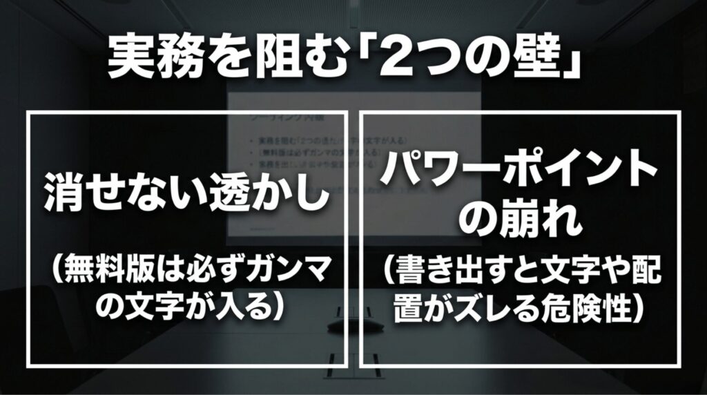 Gamma無料版の透かしとパワーポイント書き出し時のレイアウト崩れという実務上の注意点を示すスライド