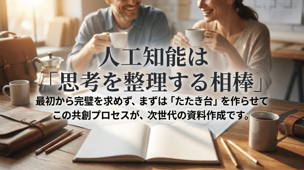 打ち合わせ風景を背景に、人工知能は思考を整理する相棒であり、NotebookLMでまずたたき台を作ることを促すスライド。
