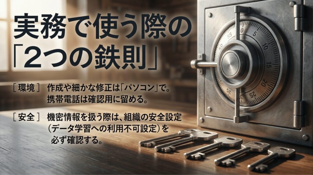 金庫と鍵を背景に、NotebookLMを実務で使う際は作成や修正はPCで行い、機密情報の安全設定を確認することを説明したスライド。