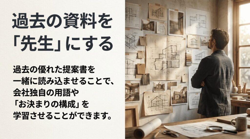 壁に貼られた過去資料を見ながら、NotebookLMで既存の提案書や資料を先生として活用する方法を説明したスライド。