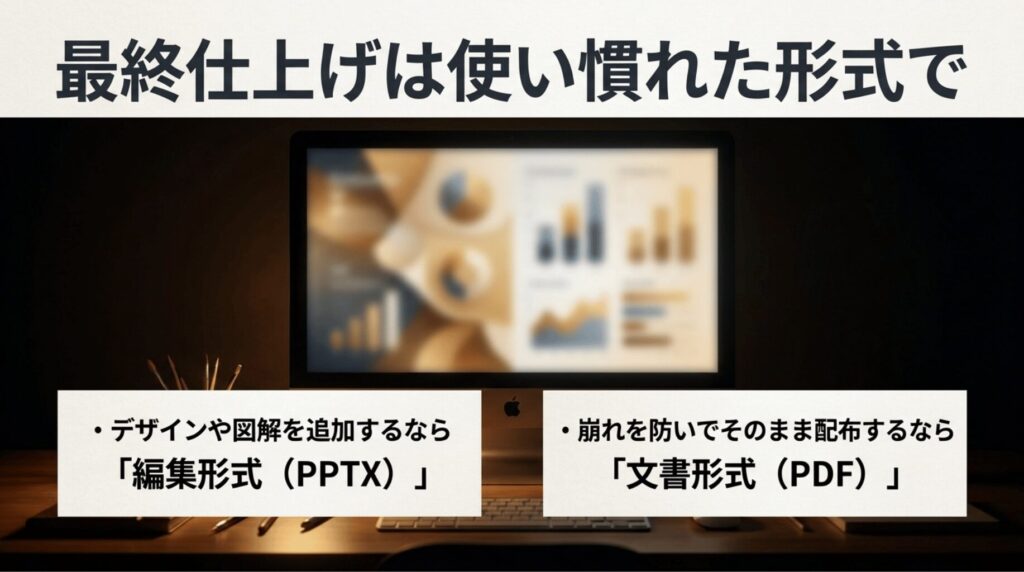 パソコン画面を背景に、NotebookLMで作成したスライドは編集するならPPTX、配布するならPDFを使うと説明したスライド。