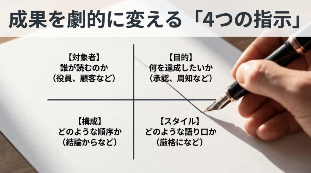 対象者、目的、構成、スタイルの4項目を図解し、NotebookLMのスライド作成で重要なプロンプト指示を説明したスライド。