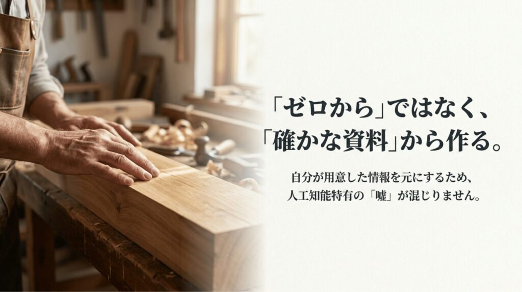 木材を整える職人の写真とともに、NotebookLMはゼロからではなく確かな資料からスライドを作ることを説明したスライド。