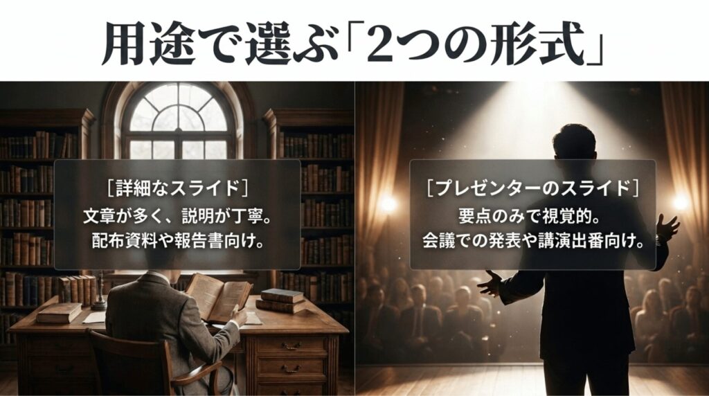 詳細なスライドとプレゼンターのスライドを左右に比較し、用途に応じたNotebookLMのスライド形式を説明したスライド。