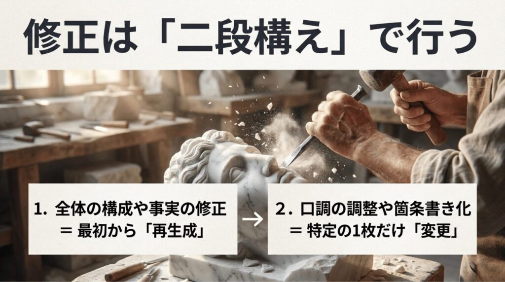彫刻を修正する写真を背景に、NotebookLMのスライド修正では再生成と個別変更を使い分けることを説明したスライド。