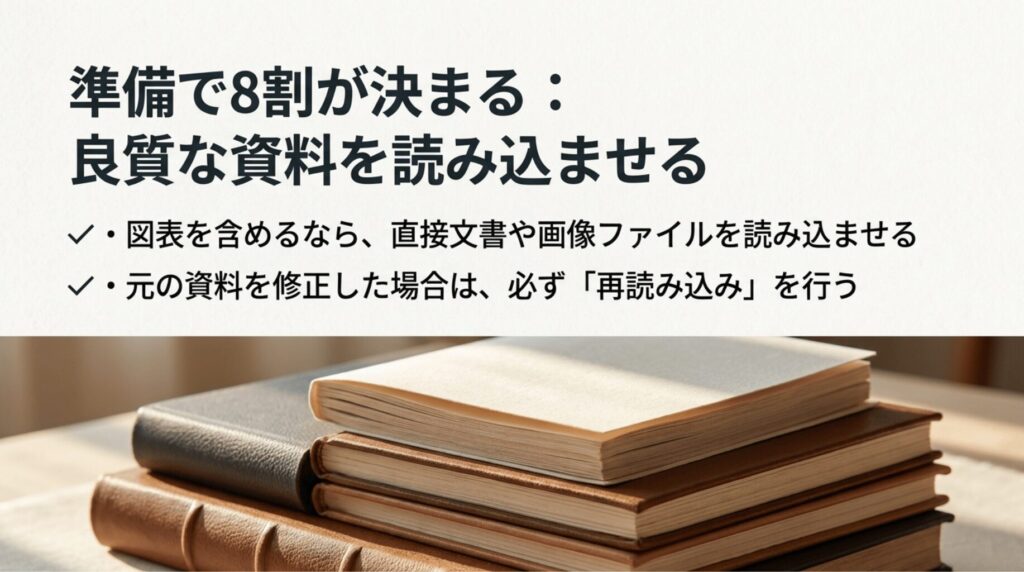 本が積まれた写真とともに、NotebookLMでは準備で8割が決まり、良質な資料を読み込ませることが重要と説明したスライド。