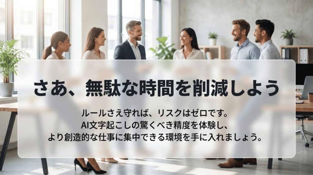 ルールを守ればリスクなくAI文字起こしの精度を体験し、会議記録の時間を削減できることを伝える締め画像