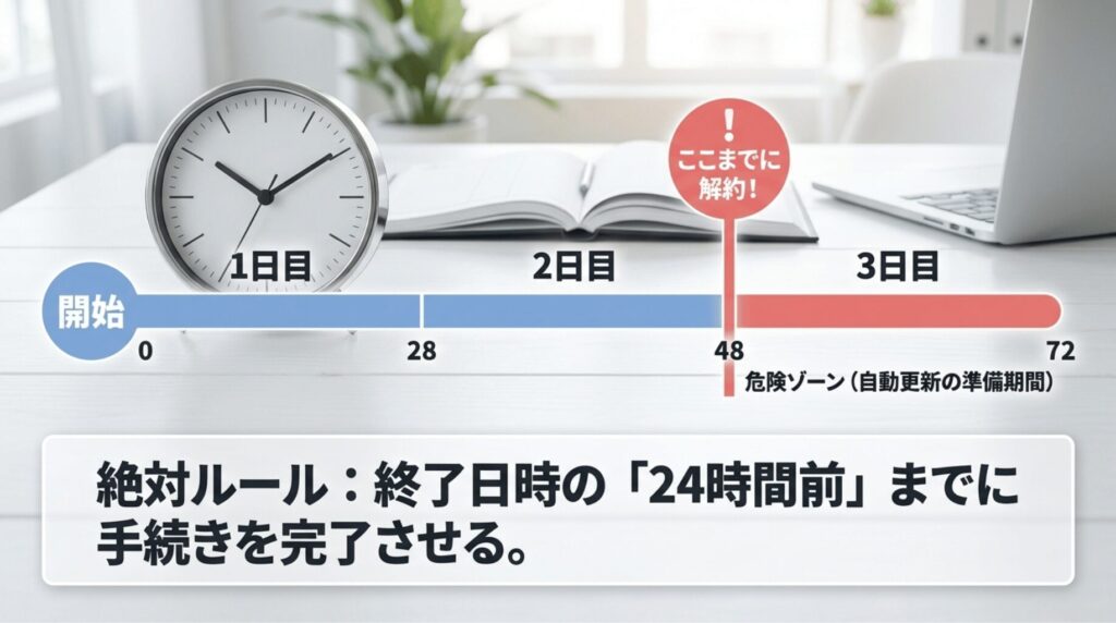 Nottaの3日間無料トライアルは終了日時の24時間前までに解約手続きを完了させる必要があることを示すタイムライン画像