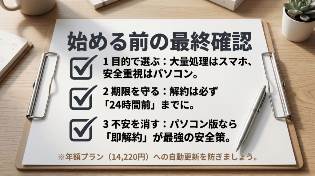 Nottaの無料トライアル開始前に、目的、解約期限、Web版の即解約などを確認するチェックリスト画像