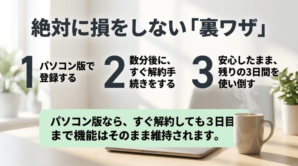 NottaのWeb版無料トライアルでは登録後すぐに解約しても3日目まで機能を維持できる裏ワザを説明した画像