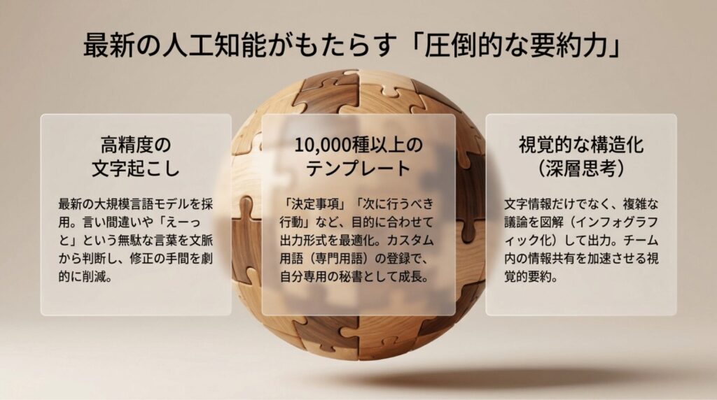 PLAUD NOTE PROの高精度文字起こし、1万種類以上のテンプレート、視覚的な構造化機能を紹介したスライド