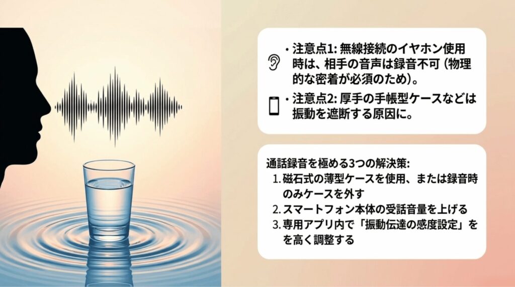 PLAUD NOTE PROで通話録音を行う際、イヤホン使用時や厚手ケース装着時に録音しにくい点と対策をまとめたスライド