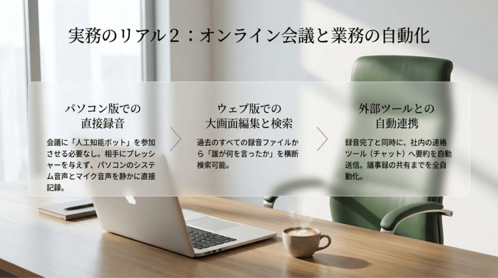 PLAUD NOTE PROのデスクトップ版、Web版、外部ツール連携によってオンライン会議の録音や議事録共有を自動化できることを示したスライド