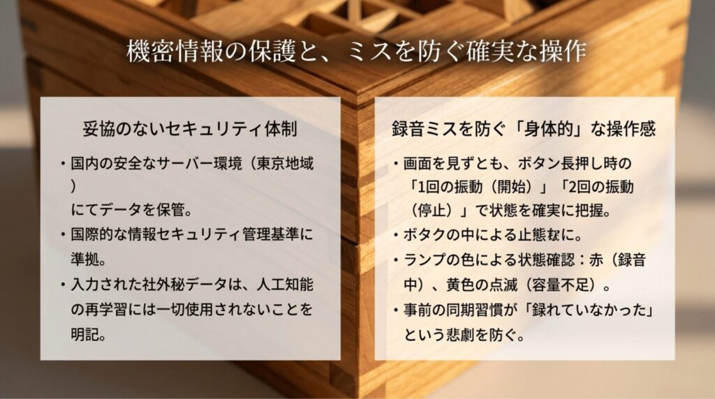 PLAUD NOTE PROの国内サーバー保存や国際的なセキュリティ基準、振動回数やランプ色による録音状態確認をまとめたスライド