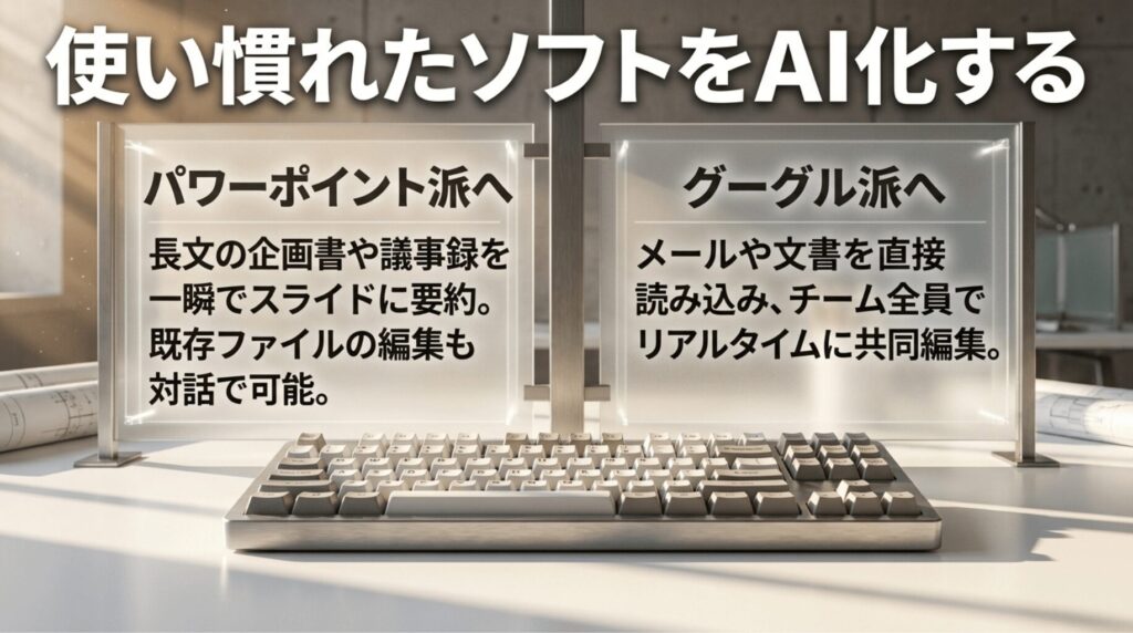 PowerPoint派は長文資料や議事録の要約、Google派はメールや文書の読み込みと共同編集に向くことを示したスライド