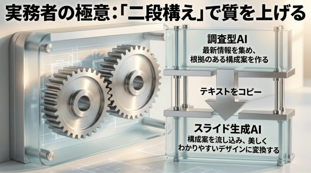 調査型AIで根拠ある構成案を作り、スライド生成AIで美しく分かりやすい資料に変換する流れ