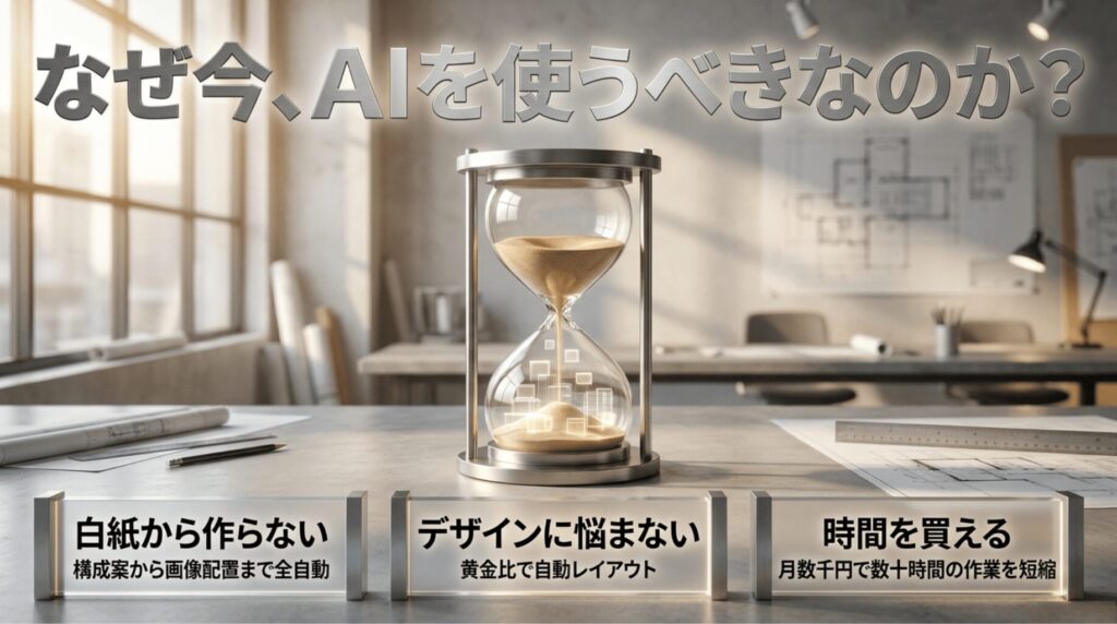 白紙から作らない、デザインに悩まない、時間を買えるというスライド生成AIの主なメリット