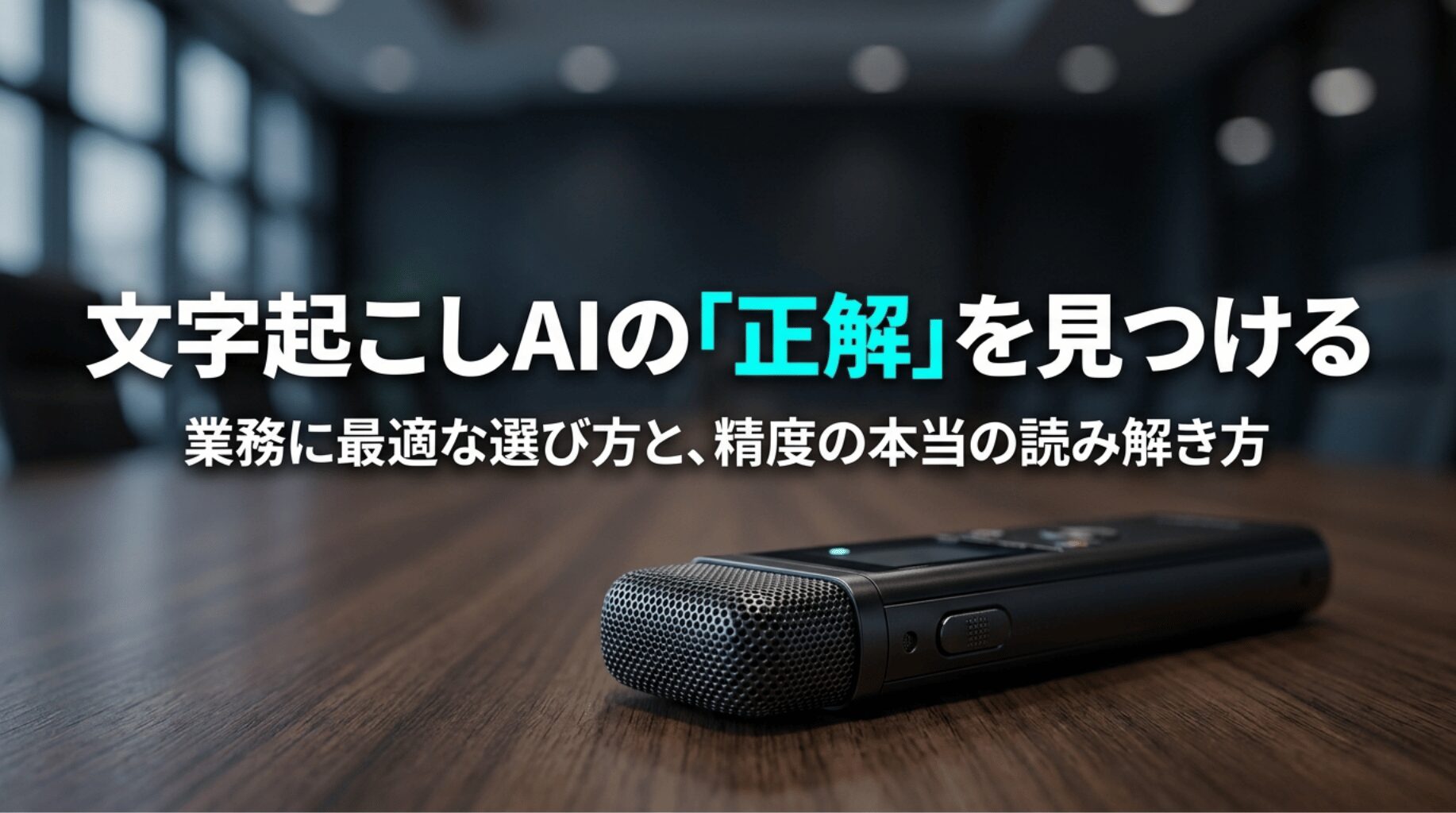会議室のICレコーダーを背景に、文字起こしAIの正解を見つけるという見出しが表示されたスライド。