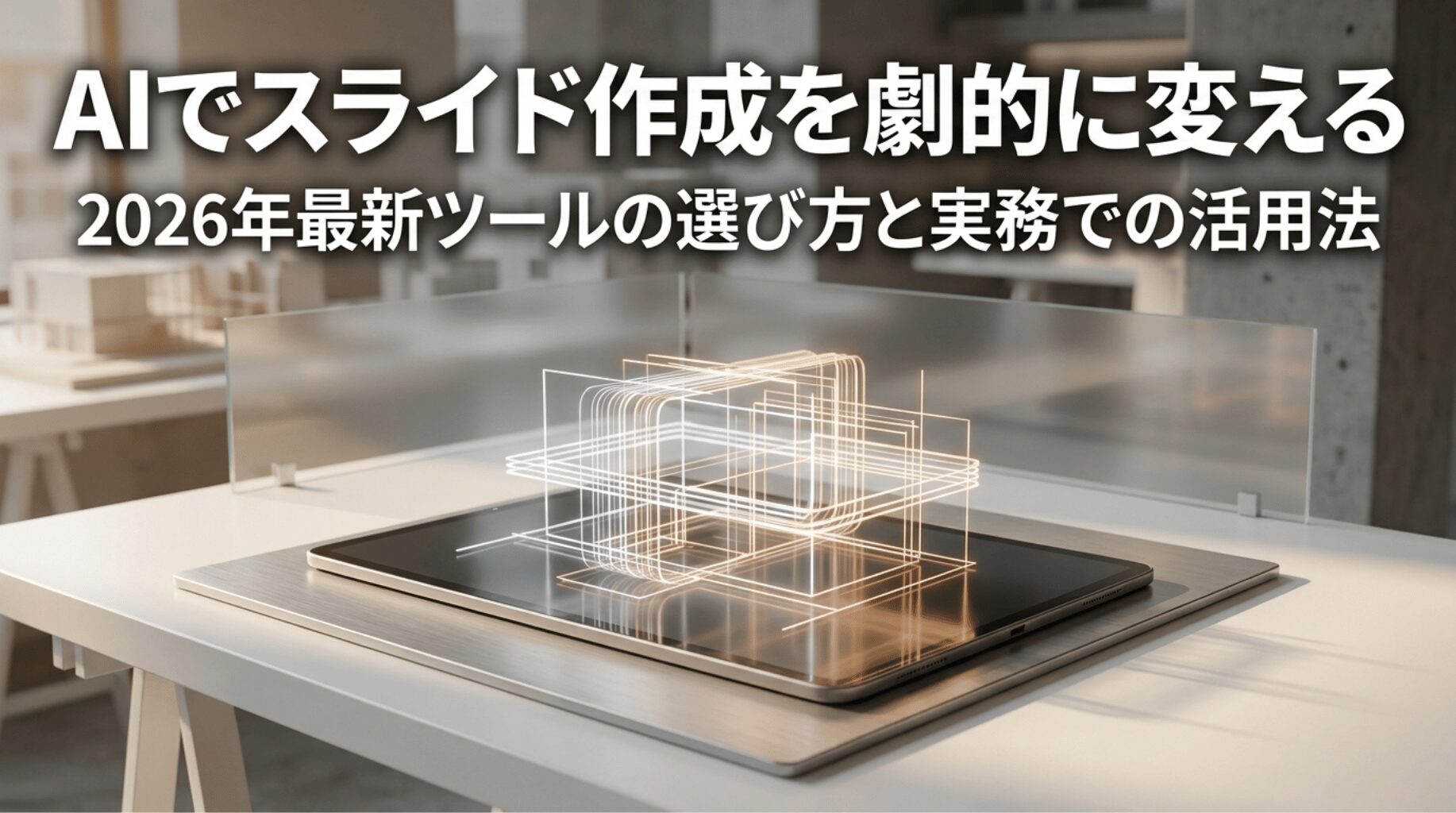 AIでスライド作成を劇的に変える2026年最新ツールの選び方と実務活用法を示したタイトルスライド