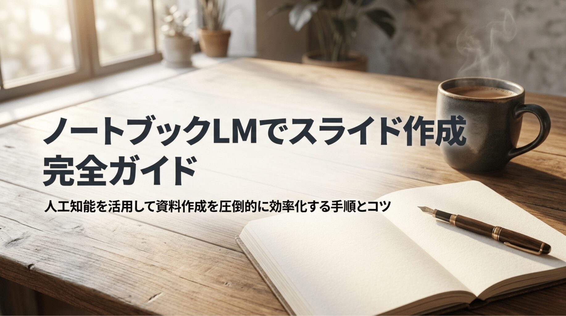 木製の机とノートを背景に、NotebookLMでスライド作成する完全ガイドと書かれた表紙スライド。