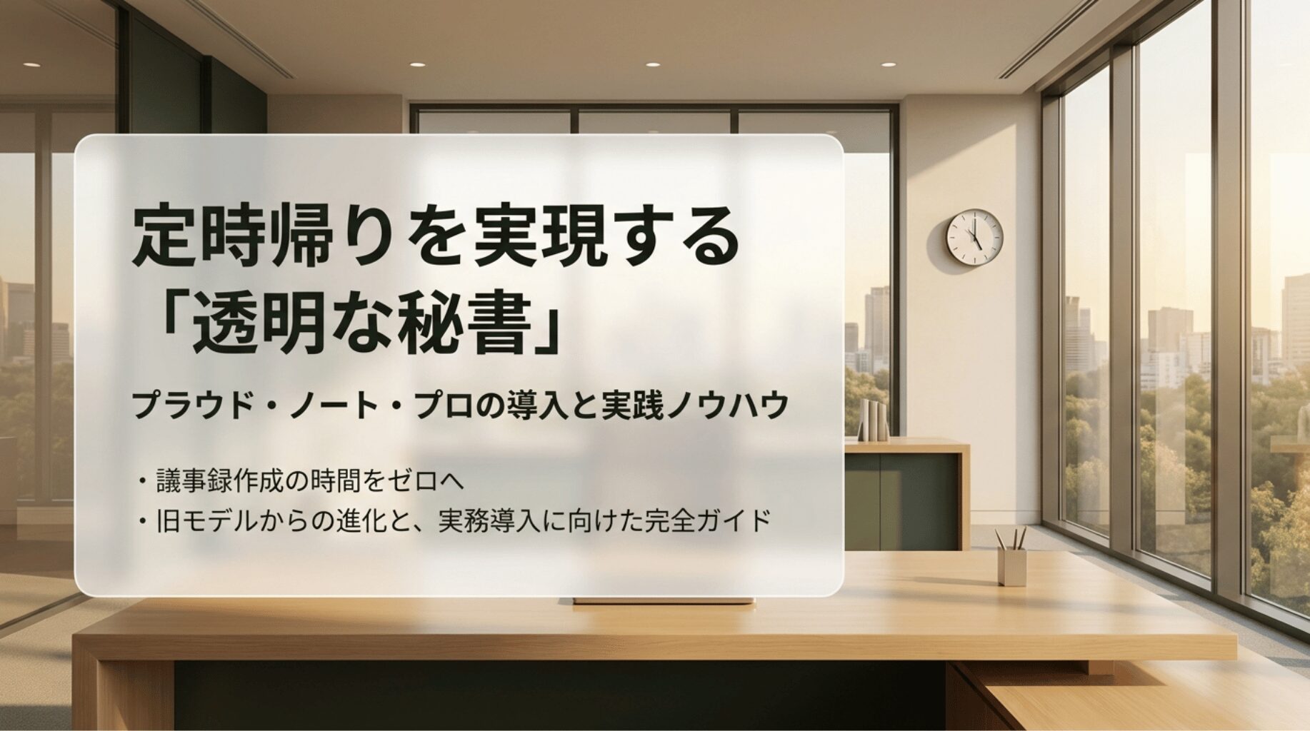 PLAUD NOTE PROを活用して議事録作成の時間を減らし、定時帰りを目指すビジネス活用の概要スライド